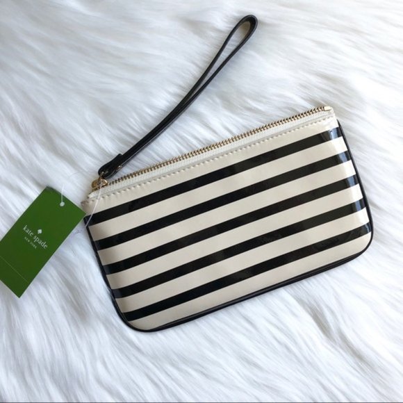 New KATE SPADE Striped Zippery Chrissy Wristlet Black Cream 8.25” x 4.6” - Picture 9 of 11